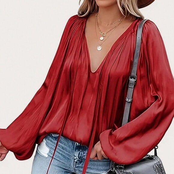 Red Casual Women's Lantern Sleeve Elegant Tie-Front Pleated Blouse - Picture 2 of 5